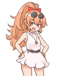 Rule 34 | 1girl, :d, bangle, blush, bracelet, bright pupils, brown hair, commentary, dot nose, dress, earrings, eyewear on head, hands on own hips, jewelry, long hair, looking at viewer, mizusoba, open mouth, orange eyes, pendant, ponytail, round eyewear, simple background, sleeveless, sleeveless dress, smile, solo, split mouth, sunglasses, touhou, white background, white dress, white pupils, yorigami jo&#039;on