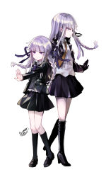 2girls black_background black_boots black_gloves black_jacket black_ribbon black_shoes black_skirt black_socks blazer blunt_bangs boots bow bowtie braid brown_necktie child christy_mii collared_jacket collared_shirt danganronpa danganronpa:_trigger_happy_havoc danganronpa_(series) danganronpa_kirigiri dot_nose expressionless floating_hair frilled_shirt frills full_body gloves hair_ribbon high_heel_boots high_heels highres jacket kirigiri_kyoko knee_boots kneehighs knees lapels long_hair long_sleeves looking_ahead low_twin_braids miniskirt multiple_girls necktie notched_lapels open_clothes open_jacket outstretched_arm pleated_skirt pointy_nose purple_bow purple_bowtie purple_eyes purple_hair purple_jacket purple_ribbon purple_skirt ribbon shirt shoes side_braid signature simple_background single_braid skirt socks standing studded_gloves time_paradox twin_braids uwabaki very_long_hair white_background white_shirt white_skirt