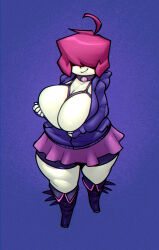 1girl ahoge between_breasts bigdad blue_background breasts cleavage collar covered_eyes fingerless_gloves fold-over_boots from_above full_body gazlene_membrane gloves hair_over_eyes huge_breasts invader_zim jacket microskirt pale_skin pink_hair pink_skirt purple_gloves purple_jacket short_hair shorts simple_background skirt smile solo standing strap_between_breasts thick_thighs thighs