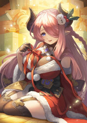 1girl bare_shoulders blue_eyes bow box braid breasts brooch brown_thighhighs christmas crown_braid detached_sleeves draph dress fur_trim gift gift_box granblue_fantasy hair_ornament hair_over_one_eye highres holly_hair_ornament horns jewelry large_breasts leotard leotard_under_clothes long_hair narmaya_(granblue_fantasy) narmaya_(holiday)_(granblue_fantasy) pink_hair pointy_ears ribbon santa_costume santa_dress see-through_clothes see-through_leotard side_braid smile snowman_hair_ornament solo thighhighs very_long_hair yuiko_(yuiyuiko_108)
