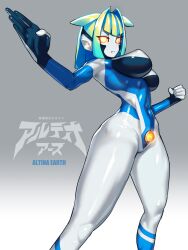 1girl altina_earth blonde_hair blue_hair breasts clenched_hand colored_skin covered_erect_nipples giant giantess glowing glowing_eyes grey_background highres large_breasts looking_at_viewer medium_hair multicolored_hair nikunopengin original robot solo standing two-tone_hair white_skin yellow_eyes
