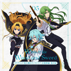 Rule 34 | 1girl, 2boys, anime coloring, aqua eyes, aqua flower, aqua hair, belt, black cloak, black hairband, black ribbon, black skirt, blonde hair, blue eyes, braid, cloak, closed mouth, collared shirt, cowboy shot, flower, full body, garter straps, green eyes, green hair, hair ribbon, hairband, hand on own hip, highres, holding, holding rod, julius reinberg, leg up, lihanna owenzaus, long hair, long sleeves, looking at viewer, multiple boys, ono sayaka, pleated skirt, ribbon, rod, rose, shirt, simple background, skirt, smile, standing, thighhighs, thighs, tsue to tsurugi no wistoria, v-shaped eyebrows, white background, white shirt, wignall lindor, zettai ryouiki