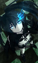 1girl belt bikini black_coat black_hair black_rock_shooter black_rock_shooter_(character) black_shorts blue_eyes blue_fire boots bunnyhana coat fire flaming_eye front-tie_bikini_top front-tie_top glowing glowing_eye pale_skin rock_cannon scar shorts swimsuit twintails uneven_twintails