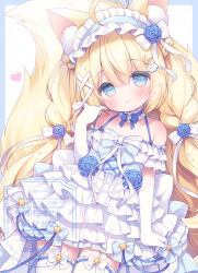 1girl animal_ear_fluff animal_ears blonde_hair blue_eyes blush bow breasts closed_mouth collar commentary detached_collar dress elbow_gloves garter_straps gloves hair_between_eyes hair_ornament headdress long_hair looking_at_viewer original smile solo symbol-only_commentary tail thighhighs usashiro_mani very_long_hair white_dress white_gloves white_thighhighs