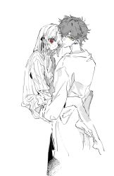 1boy 1girl barefoot carrying carrying_person coat earrings greyscale hair_between_eyes hair_ribbon hetero highres jewelry long_sleeves looking_at_viewer monochrome original qyzhiaiyisheng red_eyes ribbon shirt short_hair sketch spot_color white_background yellow_eyes