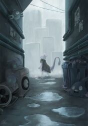alley brown_cloak city cloak gen_1_pokemon gen_5_pokemon gen_6_pokemon goomy grey_theme highres in_container in_trash_can industrial industrial_pipe lai_(pixiv1814979) legendary_pokemon magnemite mewtwo nintendo no_humans pokemon pokemon:_jirachi:_wish_maker pokemon_(anime) pokemon_(creature) pokemon_rse_(anime) poster_(object) power_lines puddle rain rattata signature trash_can trubbish