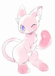 blue_eyes blush choko_(sweetpocket) gen_1_pokemon highres legendary_pokemon mew_(pokemon) mythical_pokemon nintendo no_humans one_eye_closed pokemon solo standing tail white_background wink