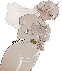 1girl alohapz artist_name bridal_veil bride buttons closed_eyes dress earrings flat_chest flower gold_ring grey_eyes grey_hair hair_between_eyes happy happy_tears highres holding holding_flower jewelry long_sleeves original ring rose short_hair simple_background smile solo sparkle tearing_up tears teeth thighhighs veil wedding_dress wedding_ring white_background white_flower white_rose wide_hips