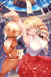 2girls :d armpits axe blonde_hair blue_eyes blush bracelet breasts cleavage colosseum confetti crowd dark-skinned_female dark_skin doris_(tanaka_the_wizard) drill_hair earrings hair_between_eyes highres holding holding_sword holding_weapon jewelry large_breasts looking_at_viewer m-da_s-tarou microphone multiple_girls nail_polish open_mouth red_eyes red_nails rocoroco short_hair side_ponytail sideboob skirt sleeveless smile staff sword tail tanaka_the_wizard tattoo teeth weapon