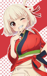 1girl ;d absurdres blonde_hair blush breasts cowboy_shot dutch_angle eyelashes fingernails grin hair_ribbon hand_up happy highres japanese_clothes kimono large_breasts long_sleeves looking_at_viewer lycoris_recoil nishikigi_chisato one_eye_closed one_side_up open_mouth outline polka_dot polka_dot_background red_background red_eyes red_kimono red_ribbon ribbon short_hair simple_background smile solo sukiyaki_(sukiyaki-jp) tareme two-tone_background v v_over_mouth waitress white_background white_outline wide_sleeves