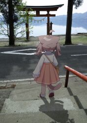1girl ahoge animal_ear_fluff animal_ears brown_hair brown_shoes cat_ears cat_girl cat_tail detached_ahoge from_behind full_body highres lake long_sleeves medium_hair mixed_media mountainous_horizon nakkar orange_skirt original photo_background pleated_skirt railing road school_uniform shirt shoes skirt socks solo stairs standing tail torii tree twintails white_shirt white_socks