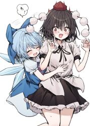 2girls ^_^ black_skirt blue_bow blue_dress blue_hair blush bow brown_hair cirno closed_eyes dress fang frilled_skirt frills hair_bow hat highres ice ice_wings mikan_(manmarumikan) motion_lines multiple_girls neck_ribbon open_mouth pom_pom_(clothes) puffy_short_sleeves puffy_sleeves red_eyes red_hat ribbon shameimaru_aya shirt short_hair short_sleeves simple_background skin_fang skirt smile speech_bubble standing tickling tokin_hat touhou translation_request white_background white_shirt wings