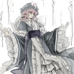 1girl center_frills chinese_commentary closed_mouth commentary_request dress feet_out_of_frame frilled_sleeves frills grey_dress grey_hat hair_between_eyes hat long_sleeves medium_hair mob_cap pink_hair purple_sash red_eyes saigyouji_yuyuko sash smile solo touhou triangular_headpiece w_arms wide_sleeves xian_qishui