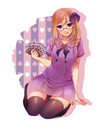 1girl arm_behind_back axis_powers_hetalia bad_id bad_twitter_id bow braid card club_(shape) collarbone dress eikura_(hanakura) female_focus glasses hair_bow hair_over_shoulder heart holding holding_card light_brown_hair long_hair looking_at_viewer monaco_(hetalia) playing_card purple_bow purple_dress purple_eyes red-framed_eyewear sailor_dress short_dress silhouette simple_background single_braid sitting smile solo spade thighhighs tongue tongue_out wariza white_background zettai_ryouiki