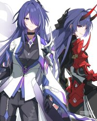 Rule 34 | 2girls, absurdres, acheron (honkai: star rail), adapted costume, armor, asiri senpai, bandaged arm, bandages, belt, black belt, black choker, black dress, black gloves, black pants, black shirt, breasts, choker, closed mouth, coat, commentary, company connection, cowboy shot, dress, elbow gloves, english commentary, gloves, hair ornament, hair over one eye, highres, holding, holding behind back, holding sword, holding sword behind back, holding weapon, holding weapon behind back, honkai: star rail, honkai (series), honkai impact 3rd, horns, in-franchise crossover, long hair, look-alike, looking at viewer, medium breasts, multicolored hair, multiple girls, name connection, pants, parted lips, pauldrons, purple eyes, purple hair, raiden mei, raiden mei (herrscher of thunder), red horns, sawashiro miyuki, shirt, shoulder armor, sidelocks, simple background, single elbow glove, single wide sleeve, smile, streaked hair, sword, twitter username, very long hair, voice actor connection, weapon, white background, white coat