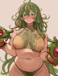 Rule 34 | 1girl, :3, bikini, bikini bottom only, blush, boku no hero academia, breasts, bright pupils, colored eyelashes, commentary, cowboy shot, crop top, eyelashes, gloves, green bikini, green gloves, green hair, hagakure toru, half-closed eyes, hands up, highres, large breasts, long hair, multicolored hair, navel, nose blush, official alternate costume, pink hair, pointing, pointing at self, rakeemspoon, simple background, solo, streaked hair, swimsuit, thighs, turtleneck bikini top, twitter username, very long hair, white pupils, wide hips, yellow background, yellow bikini