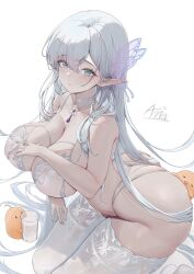Rule 34 | 1girl, absurdres, albion (a fairy-tale breakfast) (azur lane), albion (azur lane), annasui factory, azur lane, blush, bra, breasts, butterfly hair ornament, cleavage, closed mouth, commentary, cup, drinking glass, grey eyes, hair between eyes, hair ornament, highres, lace, lace-trimmed bra, lace-trimmed panties, lace-trimmed thighhighs, lace trim, large breasts, long hair, looking at viewer, manjuu (azur lane), milk, no shirt, official alternate costume, panties, pointy ears, see-through bra, see-through butterfly, see-through clothes, see-through hair ornament, signature, simple background, smile, thick thighs, thighhighs, thighs, underwear, variant set, white background, white bra, white hair, white panties, white thighhighs
