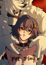 1boy 1girl animal_ears belle_(zenless_zone_zero) blue_hair body_writing breasts claws collar furry furry_male green_eyes hair_between_eyes hair_ornament highres kinkymation nude open_mouth red_eyes short_hair von_lycaon white_hair wolf_boy wolf_ears zenless_zone_zero