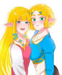 2girls absurdres big_egg526 blue_eyes blue_shirt braid collarbone commentary crossover crown_braid dress green_eyes hair_ornament hairclip highres in-franchise_crossover long_hair looking_at_viewer multiple_girls nintendo open_mouth pink_dress pointy_ears princess_zelda puffy_sleeves shirt short_hair sidelocks simple_background smile teeth the_legend_of_zelda the_legend_of_zelda:_skyward_sword the_legend_of_zelda:_tears_of_the_kingdom upper_teeth_only white_background