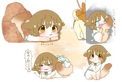 &gt;_&lt; animal animalization blush brown_eyes brown_hair cat closed_eyes closed_mouth commentary_request crying dog hagiwara_yukiho holding_own_tail hutaba idolmaster idolmaster_(classic) looking_at_viewer multiple_views no_humans short_hair smile speech_bubble streaming_tears tail tears translation_request white_background