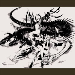 Rule 34 | 2girls, breasts, cleavage, dragon, high heels, horns, jimu kaji, kajimiya (kaji), letterboxed, monochrome, multicolored hair, multiple girls, shoes, short hair, skeleton, skull, small breasts