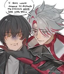 2boys absurdres artist_name black_gloves black_hair black_jacket bodysuit buttons closed_mouth coat commentary covered_collarbone english_commentary english_text gloves grey_eyes grey_hair grey_shirt hair_between_eyes hand_on_another&#039;s_face hand_up heart heterochromia highres holding_another&#039;s_wrist jacket long_sleeves looking_at_another male_focus male_rover_(wuthering_waves) mellowtii multicolored_hair multiple_boys open_clothes open_jacket open_mouth red_coat red_eyes red_hair rover_(wuthering_waves) scar scar_(wuthering_waves) scar_across_eye scar_on_face shirt short_hair simple_background smile speech_bubble sword_earrings t-shirt teeth two-tone_hair upper_body v-shaped_eyebrows white_background white_bodysuit wuthering_waves yaoi yellow_eyes
