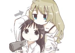 2girls arrow_(symbol) black_eyes black_hair blonde_hair blouse blue_eyes blush chin_rest chito_(shoujo_shuumatsu_ryokou) closed_mouth hair_dryer head_on_head head_rest highres long_hair looking_at_another multiple_girls sasaxxxx06 shirt shoujo_shuumatsu_ryokou signature wardrobe_malfunction white_background white_shirt yuri yuuri_(shoujo_shuumatsu_ryokou)