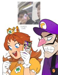 1boy 1girl aqua_gemstone blue_eyes brooch brown_hair crown dress facial_hair flipped_hair flower_brooch gem gloves hat highres jewelry long_hair luigi mario_(series) mini_crown mustache nintendo open_mouth photo-referenced photo_inset princess_daisy puffy_sleeves purple_hat purple_shirt reference_inset shirt short_sleeves ssuregigame talking_on_phone video_call waluigi white_gloves