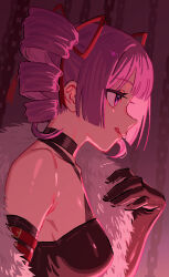 1girl bare_shoulders black_dress black_gloves breasts chain choker dark_hunter dark_hunter_(sekaiju) dark_hunter_4 dress drill_hair elbow_gloves etrian_odyssey from_side fur_shawl gloves hair_ribbon highres licking_lips medium_breasts mya-zawa off-shoulder_dress off_shoulder pink_eyes pink_hair profile red_ribbon revision ribbon sekaiju_no_meikyuu sekaiju_no_meikyuu_1 shawl smile solo tongue tongue_out twin_drills