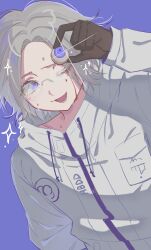 1boy aotsuki_eito black_gloves blood bloody_tears breast_pocket commentary drawstring english_commentary floresnowy glasses gloves grey_hair highres holding_eyeball jacket lower_teeth_only male_focus pocket purple_background purple_eyes short_hair simple_background smile solo sparkle teeth the_hundred_line_-last_defense_academy- upper_body white_jacket