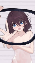 2girls blue_eyes blush brown_hair chinese_commentary collarbone commentary_request girls_band_cry glasses hair_between_eyes hair_down highres iseri_nina looking_at_viewer medium_hair multiple_girls naked_towel open_mouth solo_focus sweatdrop towel yun_cao_bing
