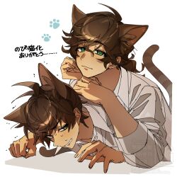 2boys animal_ears animal_hands axis_powers_hetalia brown_hair cat_boy cat_ears cat_paws cat_tail green_eyes highres kemonomimi_mode male_focus medium_hair mole mole_under_eye multiple_boys portugal_(hetalia) shirt short_hair spain_(hetalia) sweatdrop tail wavy_hair white_shirt ya_no_8no
