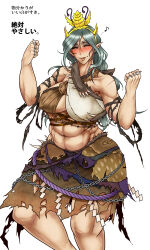 1girl abs absurdres antennae brass_knuckles breasts brown_skirt chain chirizuka_ubame clenched_hands closed_eyes closed_mouth commentary_request criss-cross_halter feet_out_of_frame fossilized_wonders grey_hair halterneck headpiece highres large_breasts long_hair midriff muscular muscular_female navel pointy_ears rope ryuuichi_(f_dragon) shide shimenawa simple_background skirt smile solo torn_clothes torn_skirt touhou underboob variant_set weapon white_background