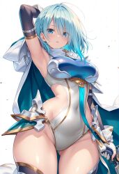 1girl ai-assisted aibanousagi arm_behind_head armor armpits blue_cape blue_eyes blue_hair blush bodysuit breasts cape clothing_cutout commentary cowboy_shot detached_sleeves dreizehn_(shadowverse) gloves gluteal_fold gun hair_between_eyes highres hip_armor holding holding_gun holding_weapon hood hooded_cape large_breasts looking_at_viewer parted_lips partially_fingerless_gloves shadowverse shadowverse:_worlds_beyond short_hair shoulder_armor side_cutout simple_background solo standing thick_thighs thighs two-sided_cape two-sided_fabric weapon white_background white_bodysuit white_gloves