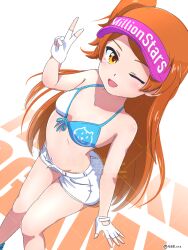 1girl bikini breasts brown_eyes brown_hair commentary_request dutch_angle feet_out_of_frame fingerless_gloves from_above front-tie_bikini_top front-tie_top gloves idolmaster idolmaster_million_live! multicolored_bikini ogami_tamaki one_eye_closed one_side_up short_shorts shorts small_breasts solo swimsuit two-tone_bikini visor_cap white_gloves white_shorts yosson_s