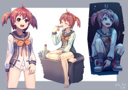 Rule 34 | 1girl, :d, ahoge, artist name, barefoot, blush, border, bowl, bread crust, brown eyes, collarbone, commentary request, dated, eating, closed eyes, flying sweatdrops, food, furrowed brow, highres, holding, holding food, isshiki akane, j.h j.h, long sleeves, looking at viewer, motion lines, multiple views, neckerchief, open mouth, outside border, red hair, school uniform, serafuku, shirt, shoes, short hair, short shorts, shorts, sitting, smile, squatting, squeeze bottle, standing, sweatdrop, twintails, vividred operation, white background, white shorts