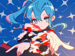 Rule 34 | 1girl, bibbidiba (hololive), blue background, blue eyes, blue hair, chromatic aberration, closed mouth, commentary request, cowboy shot, film grain, hair between eyes, highres, hololive, hoshimachi suisei, looking at viewer, mikkameno yoru, ponytail, smile, solo, virtual youtuber
