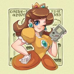 2024 blue_eyes blush breasts brooch brown_hair clenched_hands closed_mouth collarbone commentary cropped_torso crown dress earrings english_commentary flipped_hair flower_earrings gameboy gameplay_mechanics gem gloves green_gemstone holding jewelry juliet_sleeves light_smile long_sleeves lysum mario_(series) narrow_waist nintendo one_eye_closed pink_lips princess_daisy puffy_sleeves simple_background small_breasts super_mario_land thick_lips white_gloves wink yellow_dress