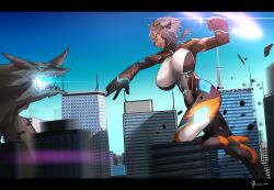 1girl absurdres bodysuit breasts building city cityscape clenched_hand colossus_(natsukaze_shigure) day destruction dragon giant giantess glowing glowing_eyes grey_hair headgear hexagon_print high_heels highres huge_breasts impossible_bodysuit impossible_clothes kaiju large_breasts letterboxed magical_girl monster motion_blur natsukaze_shigure open_mouth orange_eyes original outdoors punching purple_hair running science_fiction short_hair skin_tight sky skyscraper solo teeth yellow_eyes