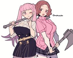 Rule 34 | 2girls, :d, ;), axe, breasts, brown eyes, brown hair, closed mouth, commentary, do m kaeru, female focus, fire emblem, fire emblem: three houses, garreg mach monastery uniform, hilda valentine goneril, holding, holding axe, holding weapon, large breasts, long hair, looking at viewer, matching hair/eyes, multiple girls, nintendo, okumura haru, one eye closed, open mouth, pantyhose, persona, persona 5, pink eyes, pink hair, short hair, skirt, smile, sweater, symbol-only commentary, trait connection, turtleneck, turtleneck sweater, twintails, twitter username, weapon, weapon connection, white background, wink