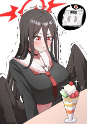 1girl :i black_choker black_hair black_serafuku black_wings blue_archive blush cafenami choker cropped_shirt feathered_wings food fruit halo hasumi_(blue_archive) macaron navel neckerchief parfait pout red_eyes red_halo red_neckerchief school_uniform serafuku simple_background solo speech_bubble strawberry tears thought_bubble trembling upper_body weighing_scale white_background wings