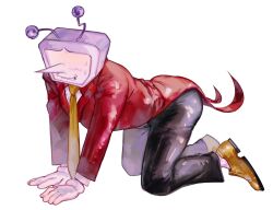 1boy all_fours ant_tenna black_pants blush commentary crt deltarune draw_your_babygirl_(meme) english_commentary full_body gloves hands_on_ground highres male_focus meme necktie object_head pants pointy_nose shoes simple_background solo sweat syngils tailcoat white_background white_gloves yellow_necktie yellow_shoes