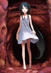 Rule 34 | 1girl, bare shoulders, black hair, blush, chuuou higashiguchi, collarbone, cowboy shot, dress, flat chest, green eyes, green hair, hair flaps, highres, light particles, long hair, looking at viewer, nitroplus, non-web source, parted lips, ribbon, saya (saya no uta), saya no uta, sleeveless, sleeveless dress, smile, solo, sundress, very long hair, white background, white dress