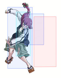 1girl asamiya_athena black_jacket black_nails blush bocchi_the_rock! bow breasts chromatic_aberration cleavage clenched_hand dress fighting_game fingernails floating_hair full_body geta green_bow green_dress grin hair_bow hiroi_kikuri hitbox jacket long_hair long_sleeves low-braided_long_hair low-tied_long_hair medium_dress multicolored_jacket nail_polish nose_blush one_eye_closed open_clothes open_jacket pink_eyes pink_hair simple_background smile solo teeth the_king_of_fighters toenail_polish toenails torako_(toramaru) twitter_username two-tone_jacket v-shaped_eyebrows watermark white_background white_jacket