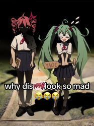 @_@ ahoge bible_(object) black_shoes black_sky bow coke-bottle_glasses collared_shirt commentary confessions_of_a_rotten_girl_(vocaloid) cross_hair_ornament crying_emoji emoji english_text eyes_in_shadow face_in_shadow fujoshi full_body glaring glasses green_hair hair_ornament hatsune_miku holding kasane_teto long_hair meme night open_mouth outdoors partially_shaded_face photo_background red_bow school_uniform shade shaded_face shadow shirt shoes short_sleeves side-by-side sidelighting sidewalk skirt sky solcyonn standing twintails utau vocaloid white_shirt why_dis_ninja_look_so_mad_(meme) yaoi_paddle