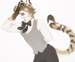 1boy absurdres animal_hands arm_behind_back arm_up brown_hair bulge cat_boy claws cowboy_shot eyewear_on_head furry furry_male grey_vest highres looking_at_viewer luxury_gin male_focus open_mouth original shirt short_hair simple_background slit_pupils solo tail tail_strap vest white_background white_shirt yellow_eyes