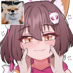 1girl 1other animal_ear_fluff animal_ears blue_archive blush brown_hair fox fox_ears fox_girl fox_tail hair_between_eyes hair_ornament hands_on_another&#039;s_face izuna_(blue_archive) jchanmul pink_scarf pom_pom_(clothes) pom_pom_hair_ornament pov scarf short_hair sidelocks tail yellow_eyes