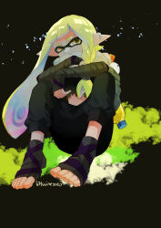 Rule 34 | 1girl, absurdres, agent 3 (splatoon 3), artist name, bandaged arm, bandaged hand, bandages, black background, blonde hair, braid, commentary, covered mouth, crossed arms, full body, hashtag-only commentary, highres, inkling, kainesato, long hair, nintendo, pointy ears, shirt, single braid, sitting, smallfry (splatoon), solo, splatoon (series), splatoon 3, tentacle hair, toeless legwear, torn clothes, torn shirt, twitter username, very long hair, wrist wrap, yellow eyes