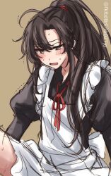1boy ahoge alternate_costume apron black_dress black_hair blush brown_background brown_eyes crossdressing dress enmaided frilled_apron frills long_hair long_sleeves looking_down maid maid_apron male_focus modao_zushi neck_ribbon open_mouth ponytail red_ribbon ribbon semiusa1010 sidelocks simple_background sketch solo sweat trap trembling twitter_username wei_wuxian white_apron