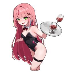 1girl absurdres bare_arms bare_shoulders black_leotard bow bowtie breasts commentary_request covered_navel cropped_legs cup detached_collar drinking_glass green_eyes hair_ornament hanako_nana heok_bam highleg highleg_leotard highres holding holding_tray korean_commentary leotard long_hair looking_at_viewer multicolored_hair open_mouth pink_hair simple_background small_breasts smile solo stellive strapless strapless_leotard streaked_hair sweat thigh_strap thighs tray very_long_hair virtual_youtuber white_background wine_glass x_hair_ornament